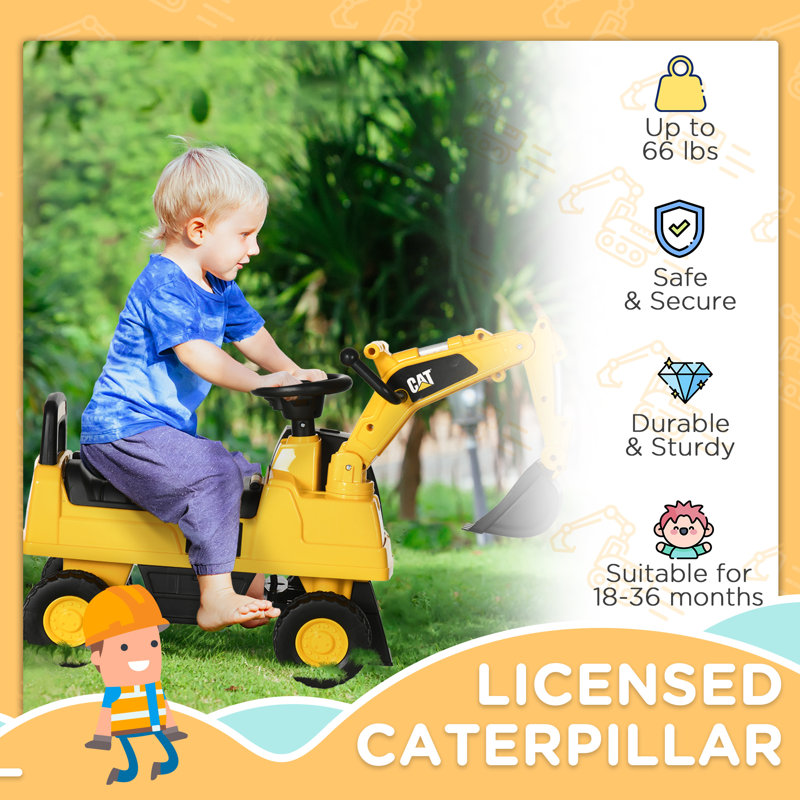 Aosom Excavator Ride On Toy CAT Licensed Kids Manual Pedal Ride On Excavator With Manual Shovel Horn Hidden Storage For 18 36 Months Yellow Wayfair